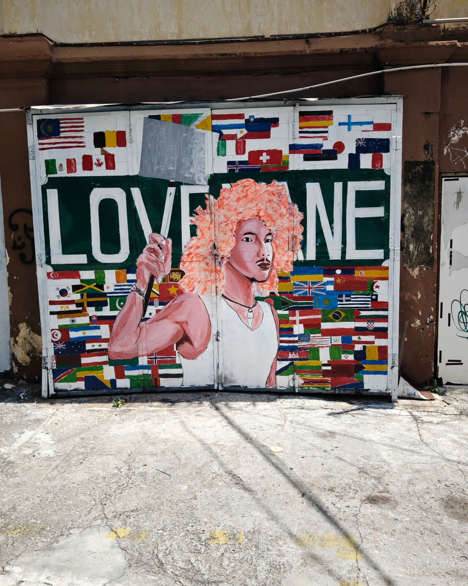 Love Lane mural of an orange-haired figure holding a selfie stick against a backdrop of international flags