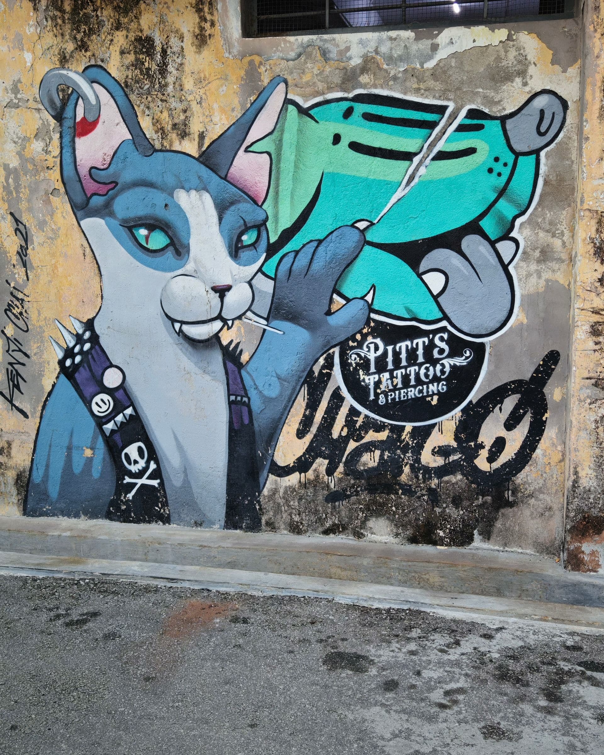 Sphynx Cat mural by Kenji Chai in the back alley of Pitt's Tattoo and Piercing on Jalan Dr Lim Chwee Leong